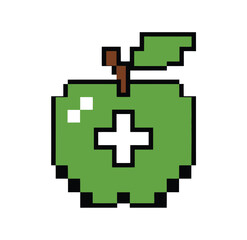 Obraz premium Pixelated green apple with a white plus sign on a white background