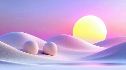 Two smooth, light-colored spheres rest on undulating, pastel-colored dunes. A large, bright yellow sun is visible in the background, set against a gradient sky