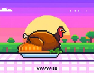 A delightful pixel art roasted turkey and pie picnic setup under a colorful retro sunset sky