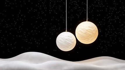 Two decorative spherical pendant lights with textured surfaces hang in front of a dark, star-filled sky and a white, undulating landscape.