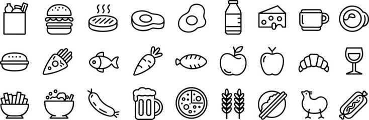 Food and Drink Icons with Burger Fries Pizza and Drinks vector illustration
