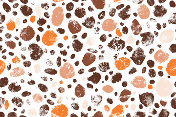 Brown Grunge Dot Pattern. Hand stamped paint spots with rough textured edges, scattered abstract circles in earthy tones on white background. Perfect for media, posters, banners, cards and web.