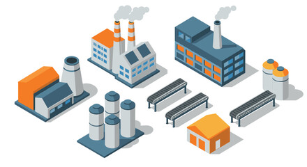 Fototapeta premium Isometric industrial buildings and factories collection with conveyor belts