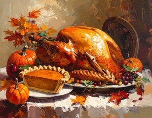 A bountiful Thanksgiving feast painting with a golden roasted turkey and autumn harvest decor