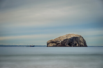 Bass Rock viewed from Seacliff Beach, which is an island located in the Firth of Forth on the east coast of Scotland near North Berwick