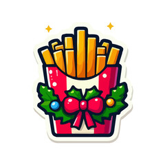 French Fries Sticker &ndash; Christmas-Themed Fast Food Icon with Holly & Bow &ndash; Perfect for Social Media, Merch, and Holiday Marketing