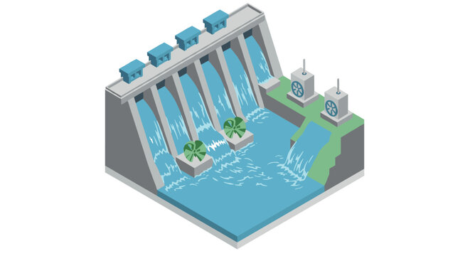 Isometric hydroelectric dam with flowing water and turbines