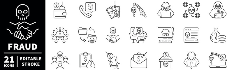 Fraud and security icons set. editable line icons, cybercrime, protection symbols