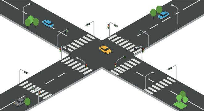 Isometric urban intersection with traffic lights and cars on crossroads