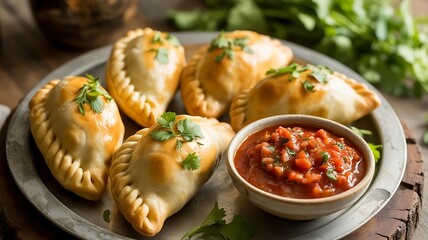 Golden brown empanadas highlighted with green garnish are attractively presented on a white plate, enhancing their visual appeal and inviting taste., created with generative ai