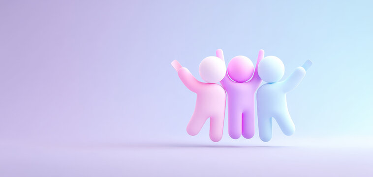 Three colorful figures celebrate together, showcasing teamwork and leadership in corporate environment. Their joyful expressions reflect essence of collaboration and success