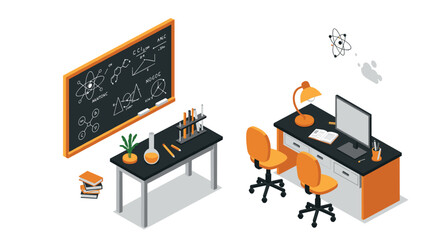 Modern classroom science lab with isometric furniture and atomic theme