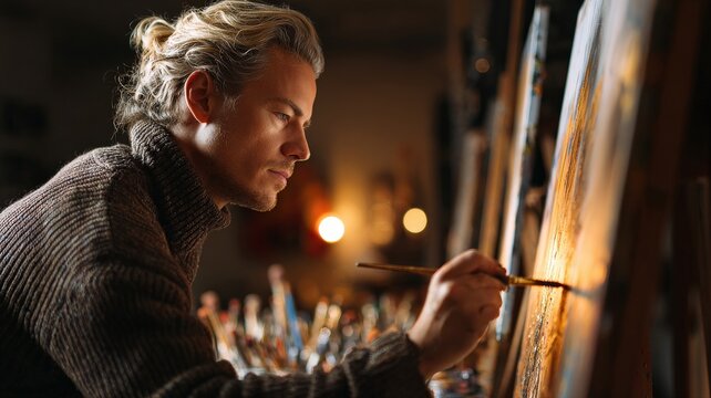 close-up of an artist deeply focused while painting in a warm-lit studio, hands stained with paint, captured in a state of creative flow - Powered by Adobe