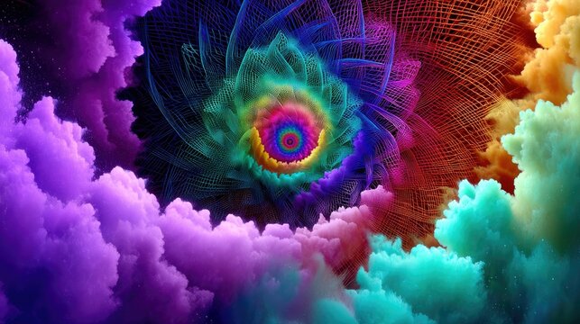 A psychedelic, abstract fractal pattern in a swirling vortex of vibrant, colorful clouds. The central element features a rainbow spectrum, transitioning outward