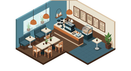 Cozy isometric coffee shop interior with tables and counter in modern design