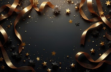 Fototapeta premium Gold ribbons and stars scattered on dark background. Celebration elements like confetti and decorative shapes create festive atmosphere for events and parties.