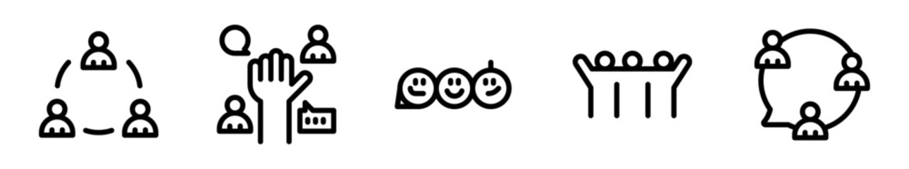 Colección de iconos de comunidad moderna. Usuarios interconectados, mano social con mensajes, rostros alegres variados, unión grupal y chat comunitario. Diseño vectorial lineal