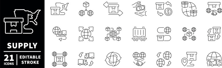 Supply chain icons set. editable line icons for delivery and logistics projects