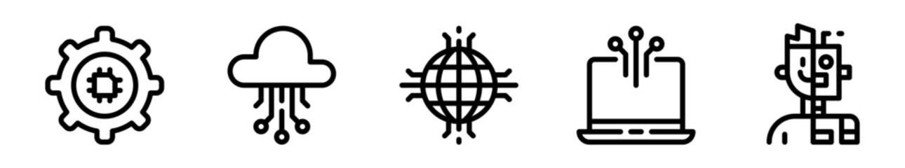 Obraz premium Pack de iconos de transformación digital. Engranaje con chip, nube conectada, globo global, laptop y humano híbrido robótico. Diseño vectorial lineal