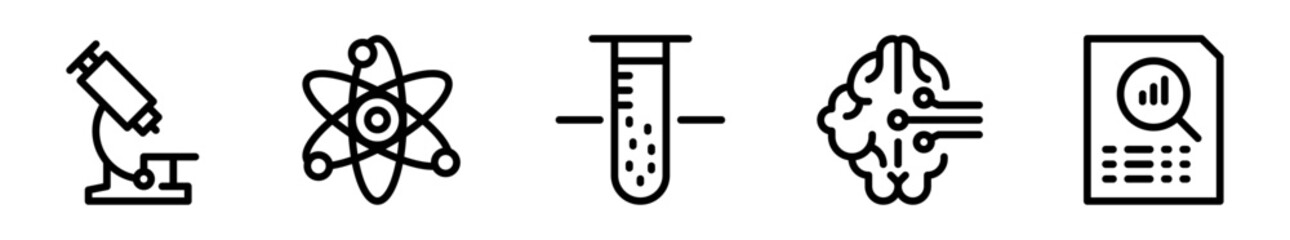 Obraz premium Pack de iconos de investigación científica. Microscopio, átomo, tubo de ensayo, cerebro conectado y reporte analítico. Diseño vectorial lineal
