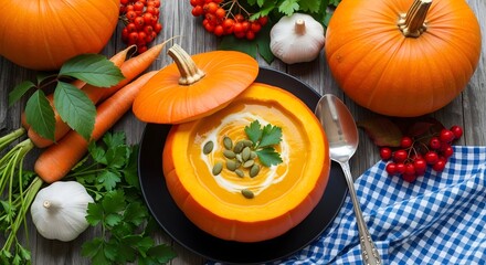 Delicious pumpkin soup served in a pumpkin bowl