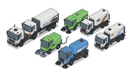 Isometric street cleaning trucks collection: eco-friendly urban maintenance vehicles