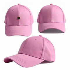 Three views of a solid pink baseball cap.  A small, metallic square emblem is visible on the front.  The cap is displayed against a plain white background