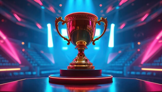 Golden trophy gleams center stage under vibrant neon spotlights. Futuristic esports arena with tiered seating awaits competitors. Symbol of victory and ultimate gaming achievement awaits.