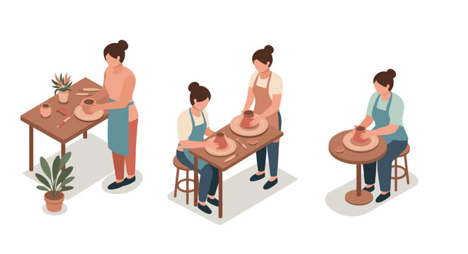 Isometric pottery making: artisans crafting clay on pottery wheels with plants