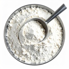 Flour in a metal bowl with scoop