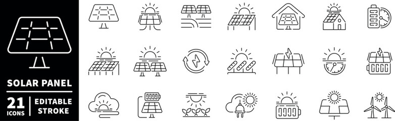Solar energy icons set. editable line icons, linear, renewable and eco symbols