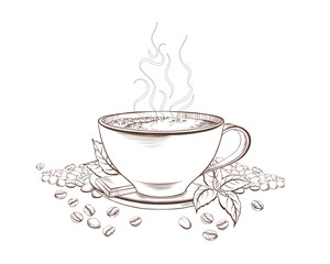 Wide cup of steaming coffee with scattered beans, mint leaves, and bar of chocolate. Hand drawn ink graphics in simple style as template for cafe,menu or decor of cofeeshop