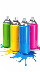 Four spray paint cans in vibrant colors, positioned on a white background with colorful paint splatters