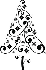 An artistic black-and-white decorative Christmas tree made of swirling lines, stars, loops, and curves. Minimal and elegant, perfect for invitations, cards, and modern holiday branding.