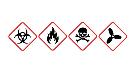 Set four hazard warning symbols including biohazard, flammable, toxic, and corrosive, displayed on