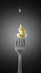 A single forkful of pasta, a creamy spiral, with a water droplet falling