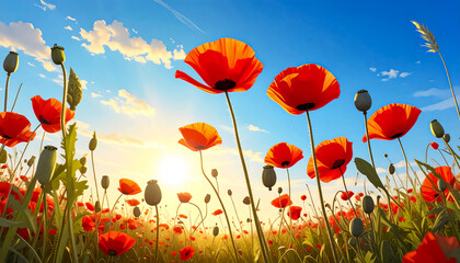 Obraz premium The stems of beautiful poppies blooming in the steppe, when viewed from below, sway in the wind, creating a sense of movement, wallpaper