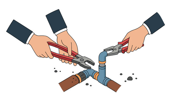 Hands fixing pipe with tools in flat design style