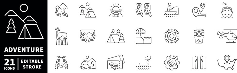 Adventure icons set. editable line icons, linear outline for outdoor, nature themes
