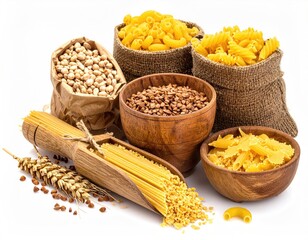 Variety of grains and pasta in burlap bags and bowls