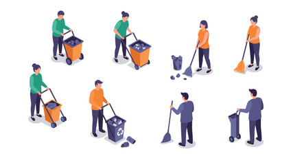 Fototapeta premium Isometric people cleaning: recycling and waste management activities