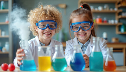 Two smiling kids in lab coats and goggles conduct science experiment with colorful liquids creating smoke. They explore chemistry in a home lab setting with excitement and curiosity for discovery.
