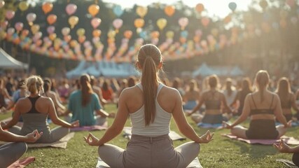 Diverse group of women meditating in a lotus pose during an outdoor yoga event in a sunny park, with colorful balloons overhead, promoting mindfuln... - Powered by Adobe