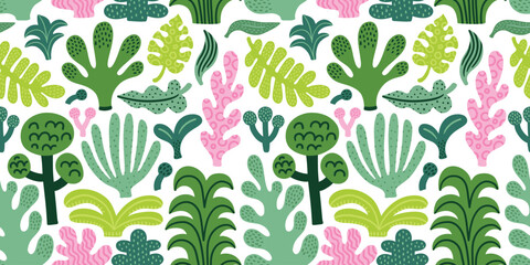 Seamless jungle tropical abstract pattern with palm tree, leaves. Summer texture. Vector illustration. White background. © Anna