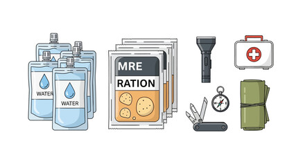 Survival gear including mre rations, water pouches, flashlight, compass, multitool, first aid kit, and rolled sleeping bag, isolated on