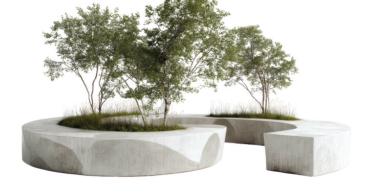 Rendered garden scene, featuring curving concrete benches and lush, leafy trees