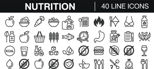 Nutrition Line Icons Collection With 40 Icons line art food