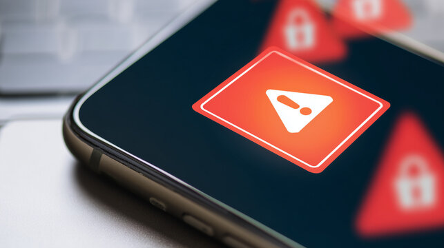 Smartphone displaying a security warning icon, symbolizing cyber risk, malware detection, online threats, data protection and mobile cybersecurity in a digital environment