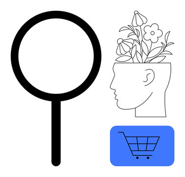 Magnifying glass highlights growth with floral elements in an open head. Shopping cart icon emphasizes research, innovation, self-awareness, education, marketing, sustainability, simple flat metaphor