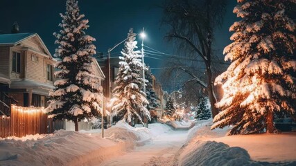 A quiet snowy residential street at night, with snow-covered trees and houses lit by warm streetlights.